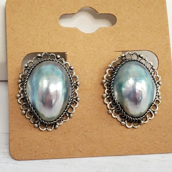 Antique sterling blue osmena nautilus shell earrings - Picture 2 of 5